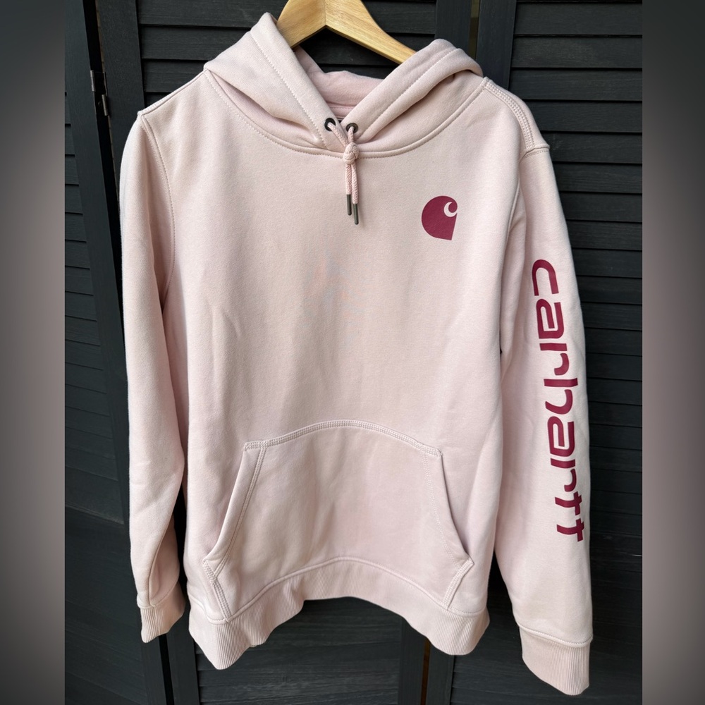 Carhartt Women's Light Pink Hooded Pullover with Maroon Logo